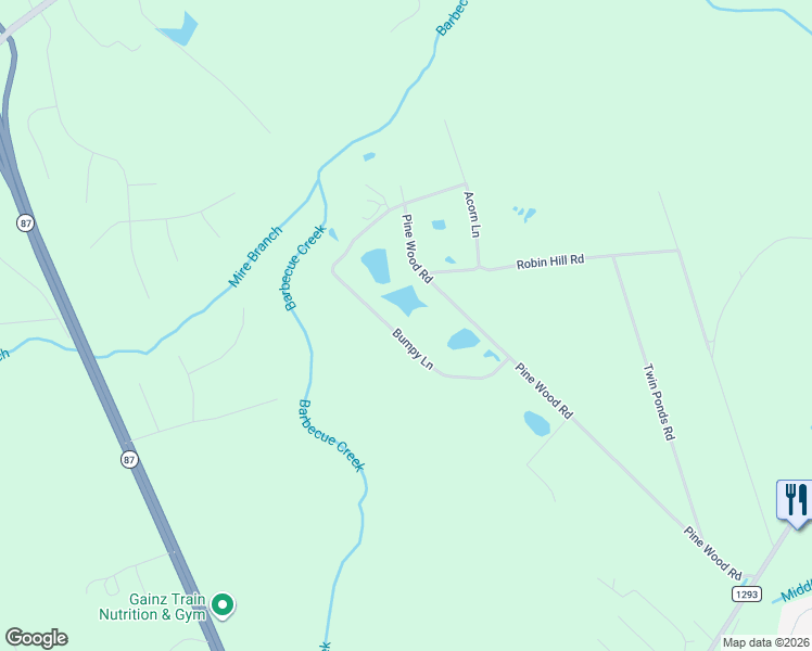 map of restaurants, bars, coffee shops, grocery stores, and more near 291 Bumpy Lane in Sanford