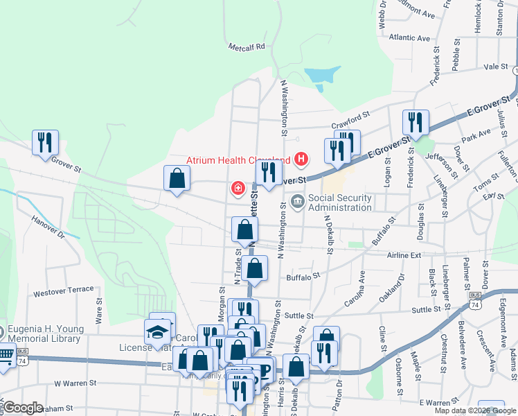 map of restaurants, bars, coffee shops, grocery stores, and more near 710 North Lafayette Street in Shelby