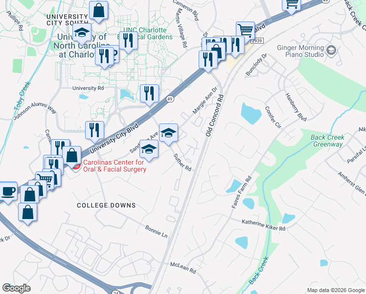 map of restaurants, bars, coffee shops, grocery stores, and more near 9601 Vinca Circle in Charlotte