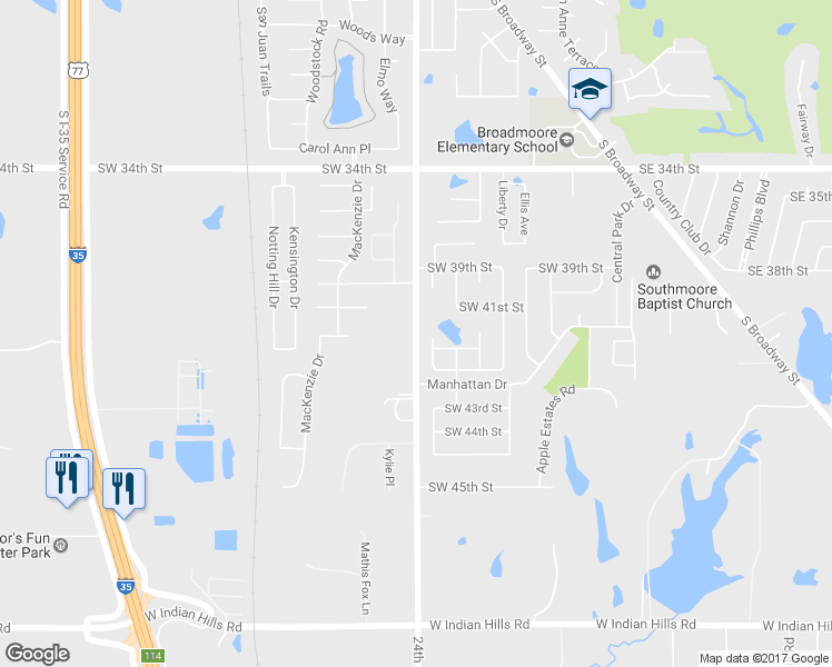 map of restaurants, bars, coffee shops, grocery stores, and more near 6651 South Eastern Avenue in Moore