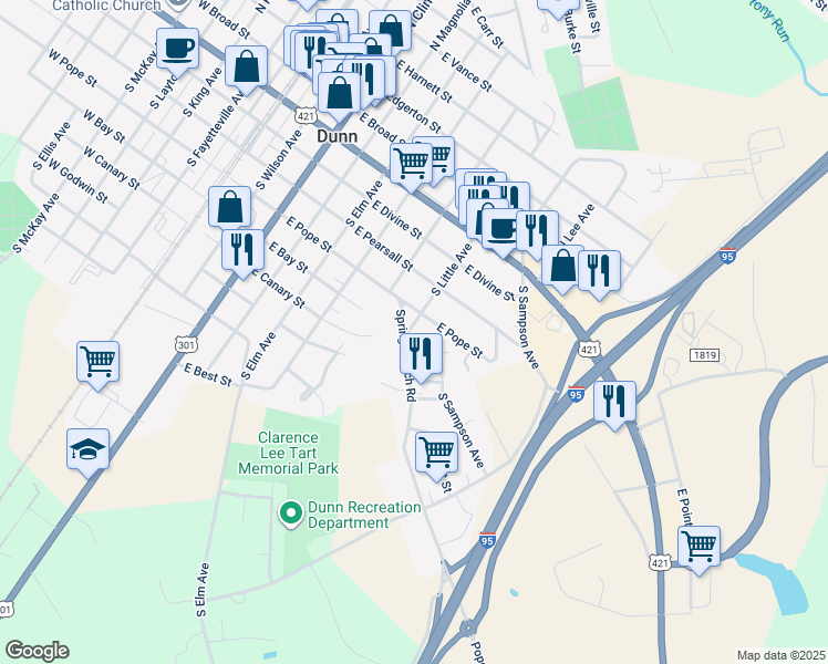 map of restaurants, bars, coffee shops, grocery stores, and more near 507 South Little Avenue in Dunn