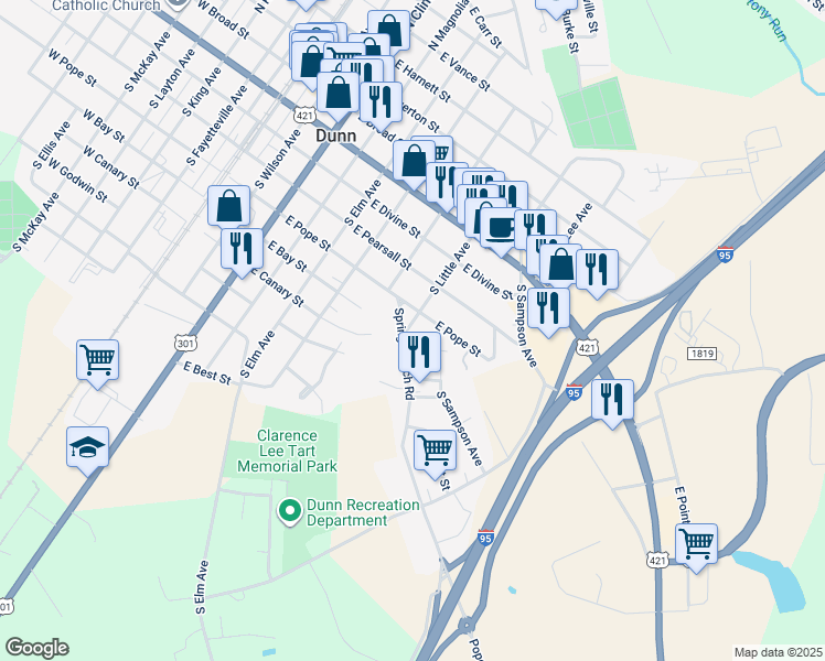 map of restaurants, bars, coffee shops, grocery stores, and more near 507 South Little Avenue in Dunn