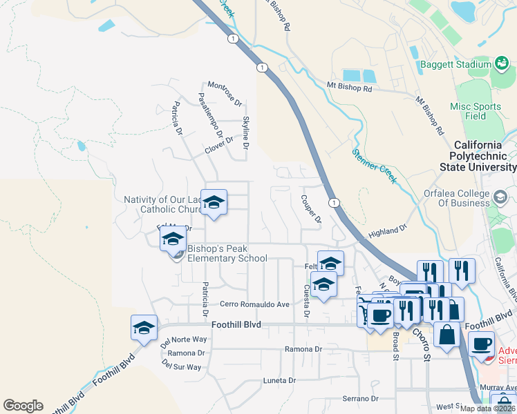 map of restaurants, bars, coffee shops, grocery stores, and more near 598 Princeton Place in San Luis Obispo