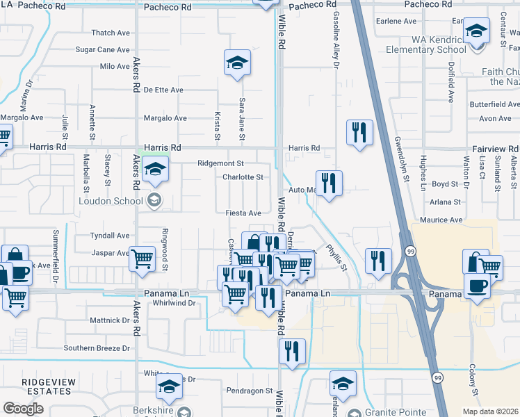 map of restaurants, bars, coffee shops, grocery stores, and more near 6201 Wible Road in Bakersfield
