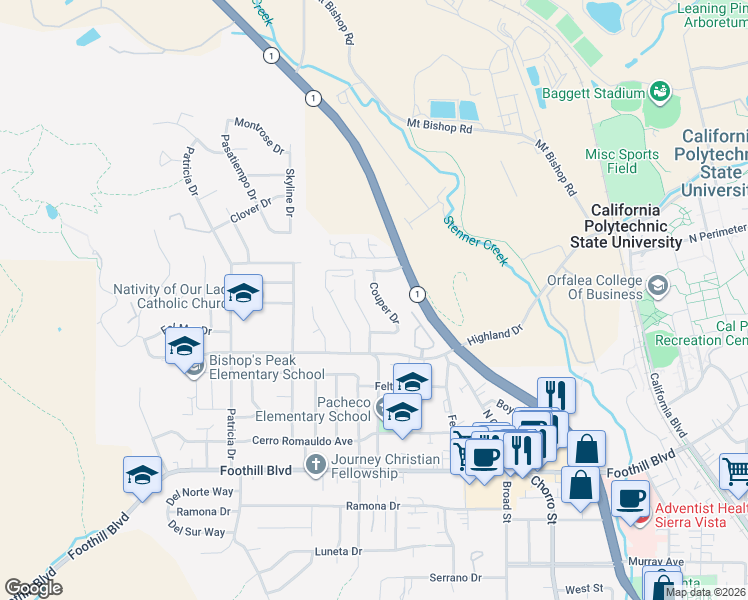 map of restaurants, bars, coffee shops, grocery stores, and more near 554 Cuesta Drive in San Luis Obispo