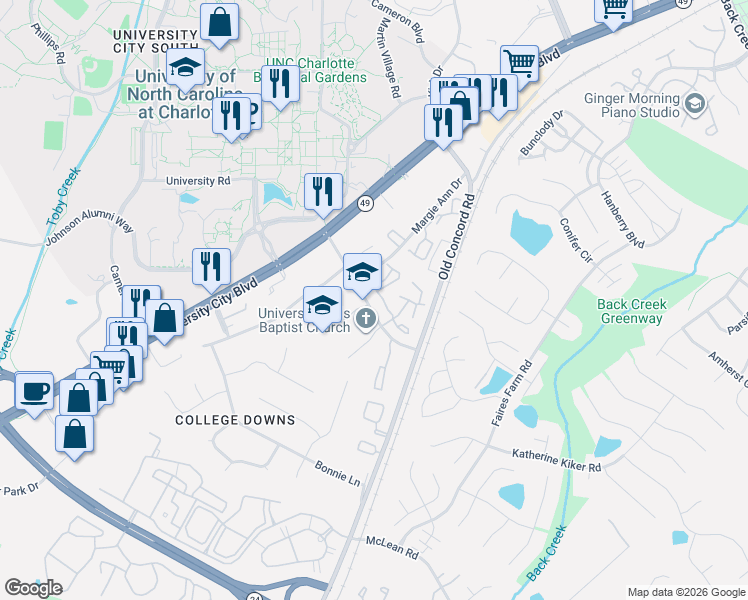 map of restaurants, bars, coffee shops, grocery stores, and more near 9601 Vinca Circle in Charlotte