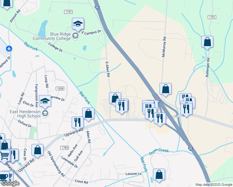 map of restaurants, bars, coffee shops, grocery stores, and more near 520 South Allen Road in Flat Rock