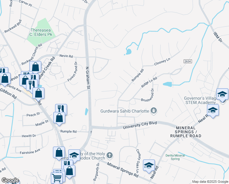 map of restaurants, bars, coffee shops, grocery stores, and more near 6729 Rain Creek Way in Charlotte