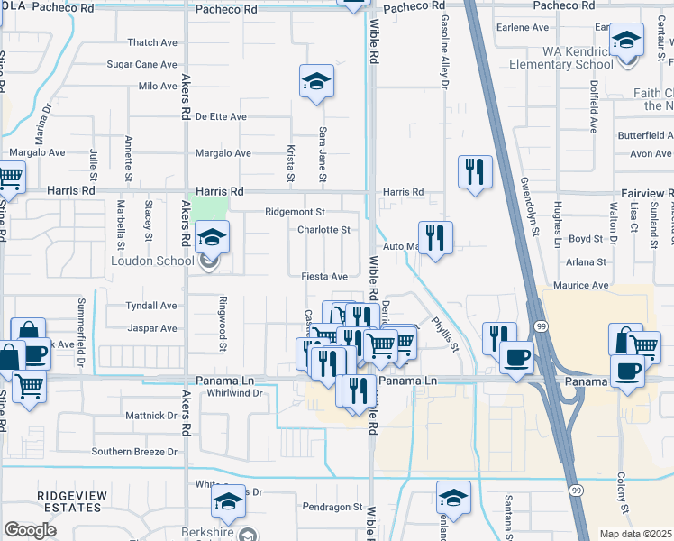 map of restaurants, bars, coffee shops, grocery stores, and more near 6201 Wible Road in Bakersfield