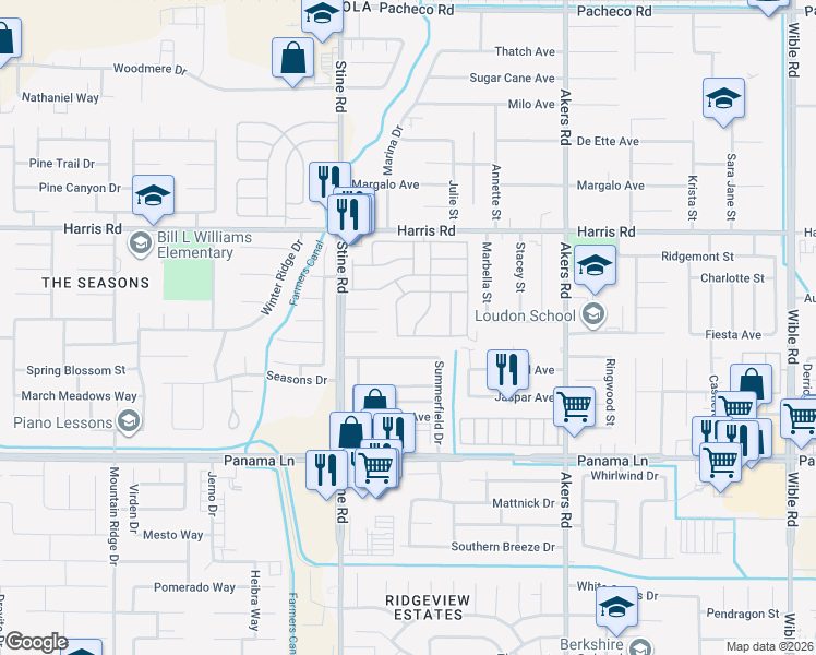 map of restaurants, bars, coffee shops, grocery stores, and more near 6013 Country View Lane in Bakersfield