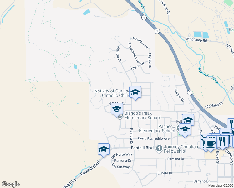 map of restaurants, bars, coffee shops, grocery stores, and more near 150 Los Robles Court in San Luis Obispo
