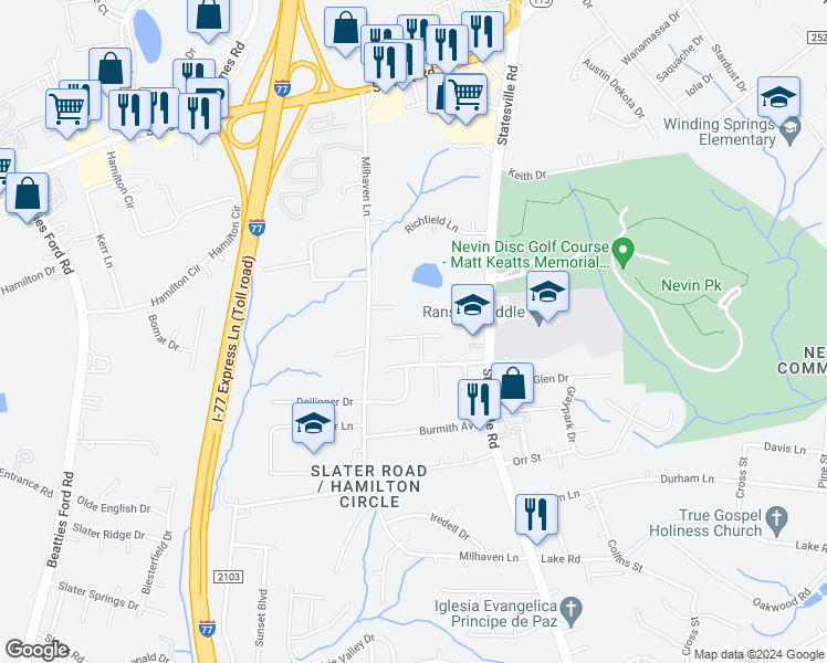 map of restaurants, bars, coffee shops, grocery stores, and more near 6135 Sunbridge Court in Charlotte