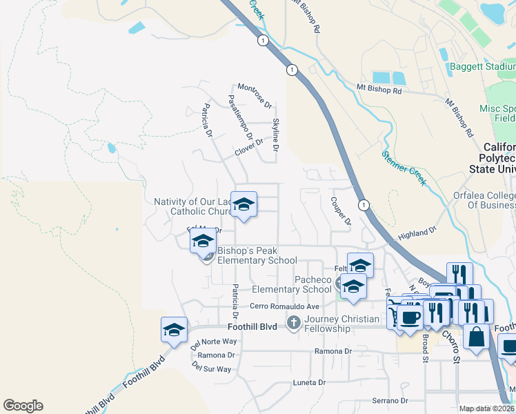 map of restaurants, bars, coffee shops, grocery stores, and more near 221 Daly Avenue in San Luis Obispo