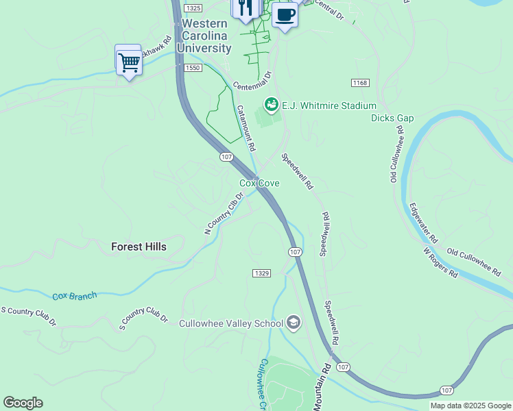 map of restaurants, bars, coffee shops, grocery stores, and more near 77 South Country Club Drive in Cullowhee