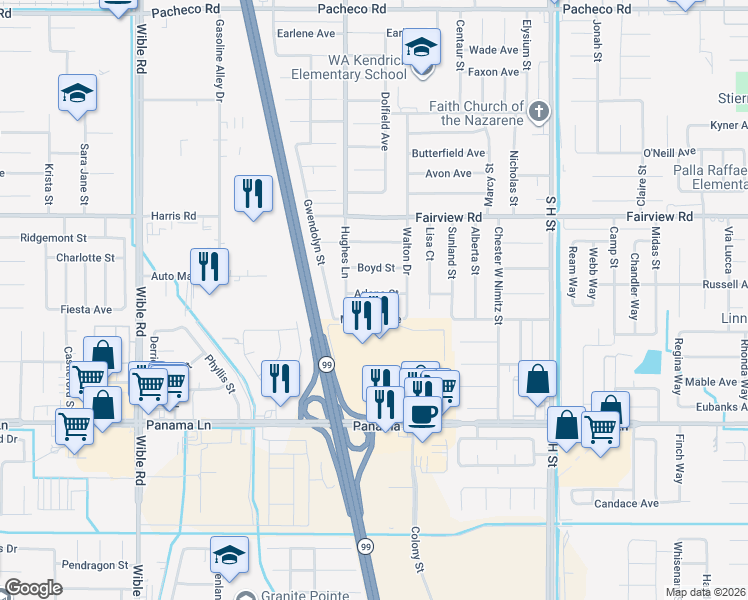 map of restaurants, bars, coffee shops, grocery stores, and more near 2401 Arlana Street in Bakersfield