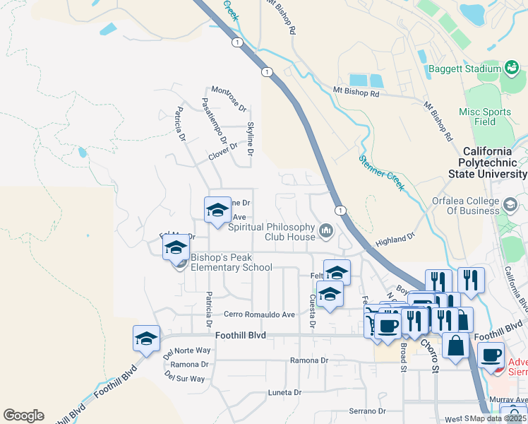 map of restaurants, bars, coffee shops, grocery stores, and more near 598 Princeton Place in San Luis Obispo