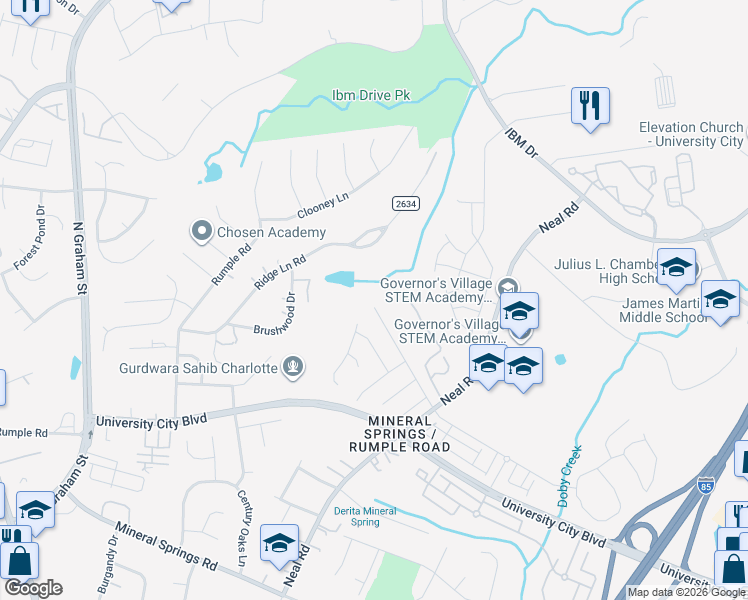 map of restaurants, bars, coffee shops, grocery stores, and more near 1550 Rumstone Lane in Charlotte