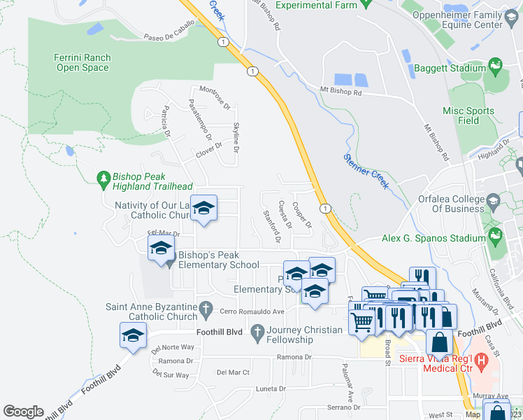map of restaurants, bars, coffee shops, grocery stores, and more near 634 Stanford Drive in San Luis Obispo