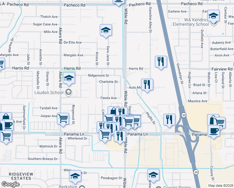 map of restaurants, bars, coffee shops, grocery stores, and more near 5912 Wicks Avenue in Bakersfield