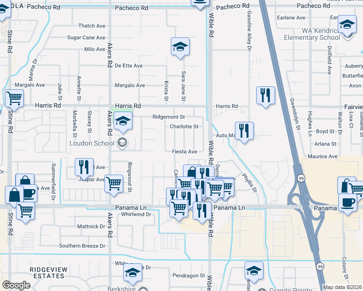 map of restaurants, bars, coffee shops, grocery stores, and more near 5913 Charmain Street in Bakersfield