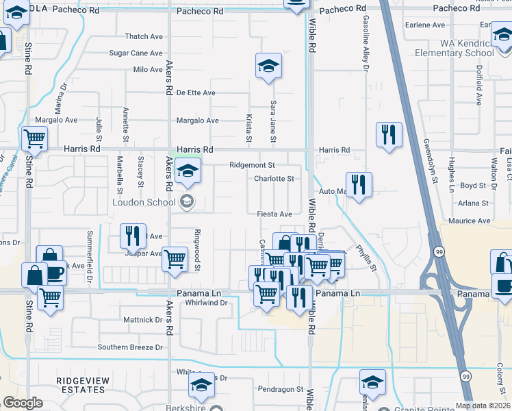 map of restaurants, bars, coffee shops, grocery stores, and more near 5913 Lugene Avenue in Bakersfield