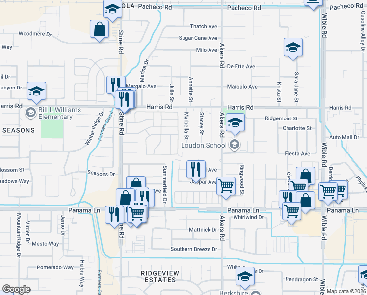 map of restaurants, bars, coffee shops, grocery stores, and more near 5908 Marbella Street in Bakersfield