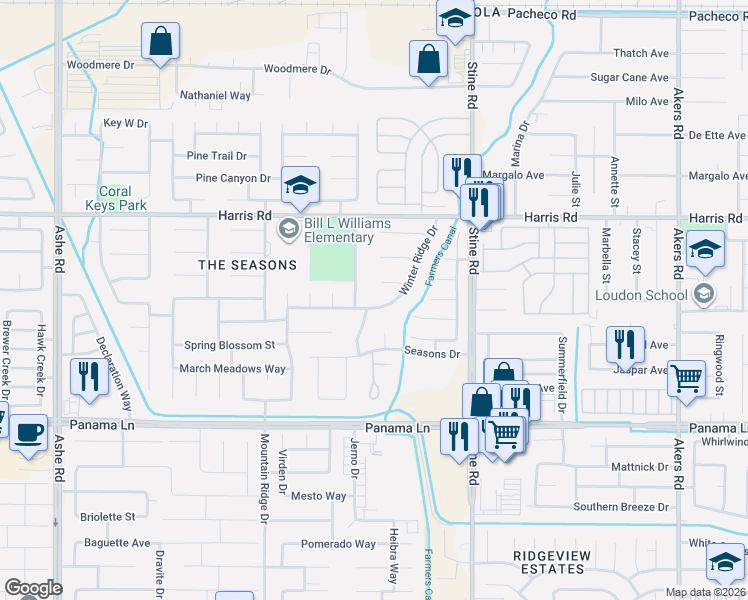 map of restaurants, bars, coffee shops, grocery stores, and more near 5215 Winterwood Court in Bakersfield