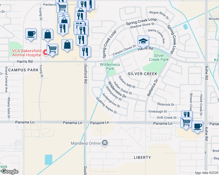 map of restaurants, bars, coffee shops, grocery stores, and more near 7705 Indian Gulch Street in Bakersfield