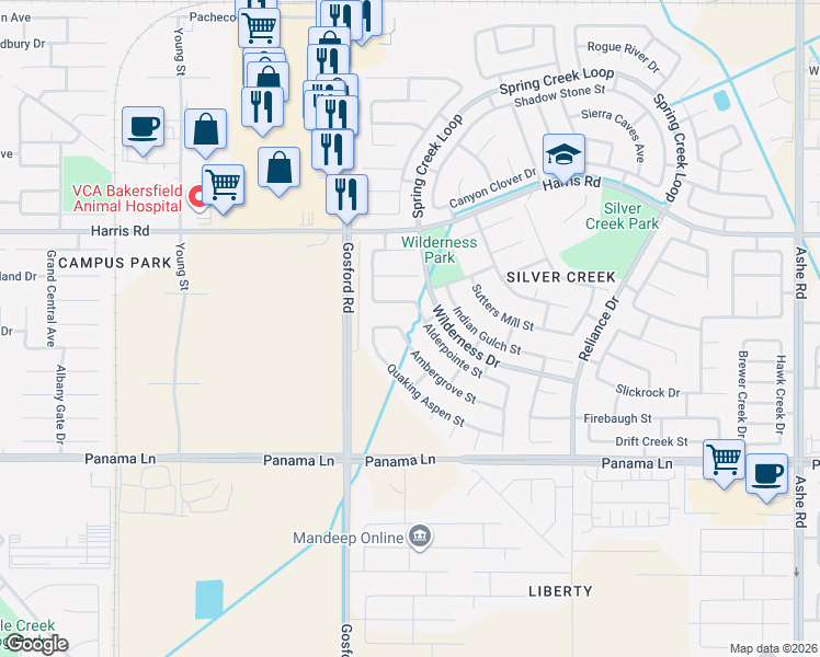 map of restaurants, bars, coffee shops, grocery stores, and more near 5901 Alderpointe Street in Bakersfield