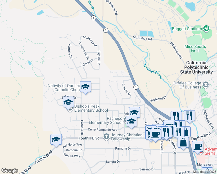 map of restaurants, bars, coffee shops, grocery stores, and more near 660 Stanford Drive in San Luis Obispo