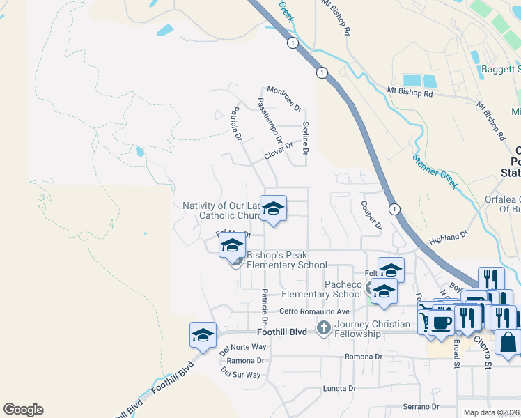 map of restaurants, bars, coffee shops, grocery stores, and more near 644 Patricia Drive in San Luis Obispo