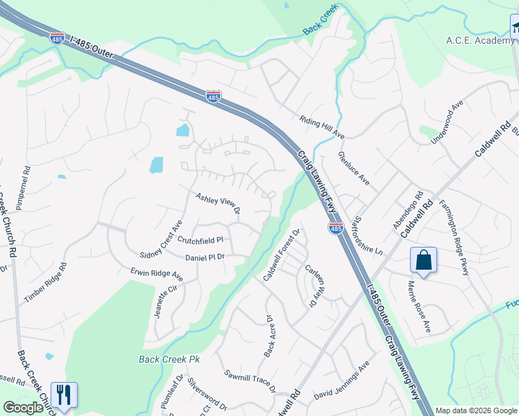 map of restaurants, bars, coffee shops, grocery stores, and more near 10637 Prairie Ridge Lane in Charlotte