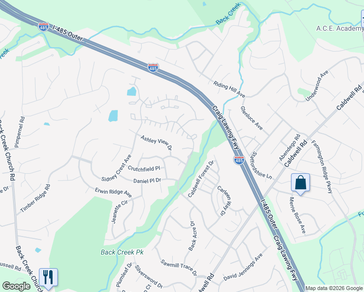 map of restaurants, bars, coffee shops, grocery stores, and more near 10637 Prairie Ridge Lane in Charlotte