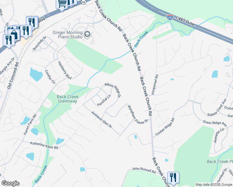 map of restaurants, bars, coffee shops, grocery stores, and more near 10210 Atkins Ridge Drive in Charlotte