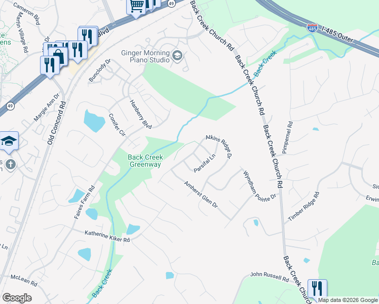 map of restaurants, bars, coffee shops, grocery stores, and more near 10402 Atkins Ridge Drive in Charlotte