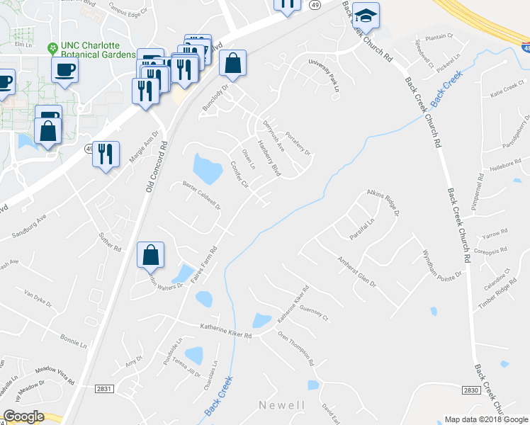 map of restaurants, bars, coffee shops, grocery stores, and more near 10139 Mayhurst Court in Charlotte