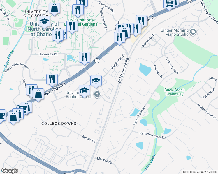 map of restaurants, bars, coffee shops, grocery stores, and more near 9619 Vinca Crescent in Charlotte