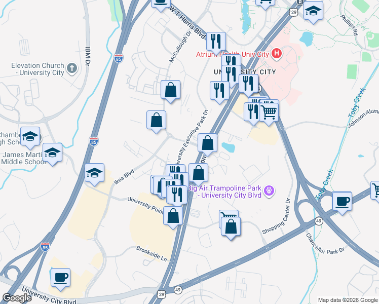 map of restaurants, bars, coffee shops, grocery stores, and more near 8302 University Executive Park Drive in Charlotte