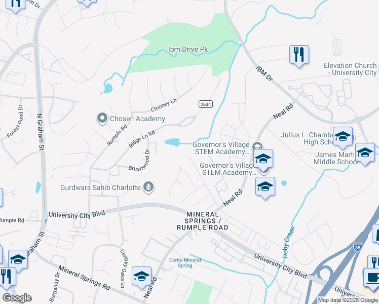 map of restaurants, bars, coffee shops, grocery stores, and more near 1550 Rumstone Lane in Charlotte