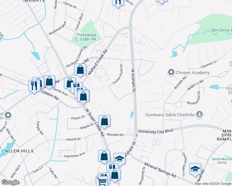 map of restaurants, bars, coffee shops, grocery stores, and more near 6314 Pink Dogwood Lane in Charlotte