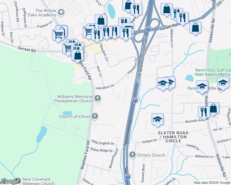 map of restaurants, bars, coffee shops, grocery stores, and more near 4326 Hamilton Circle in Charlotte