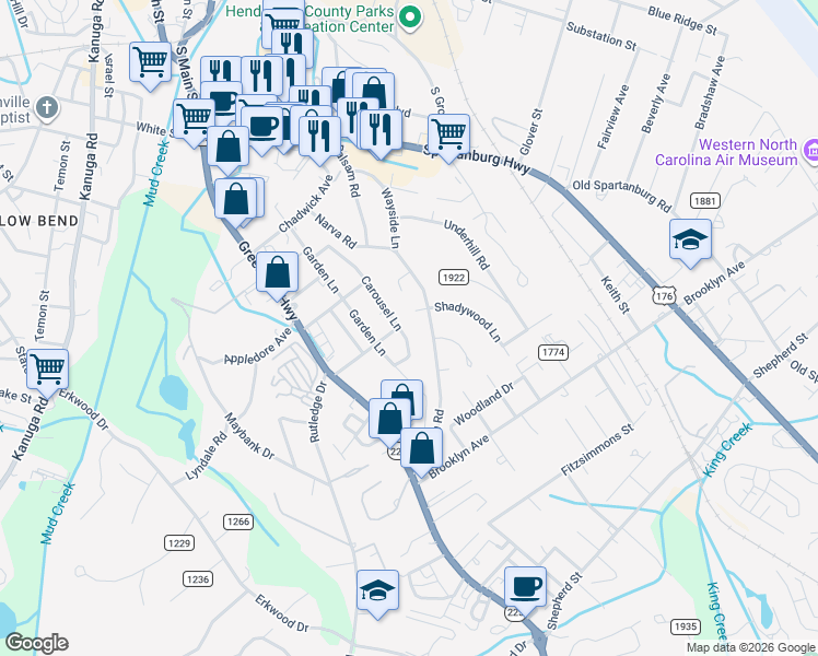 map of restaurants, bars, coffee shops, grocery stores, and more near 226 Balsam Road in Hendersonville