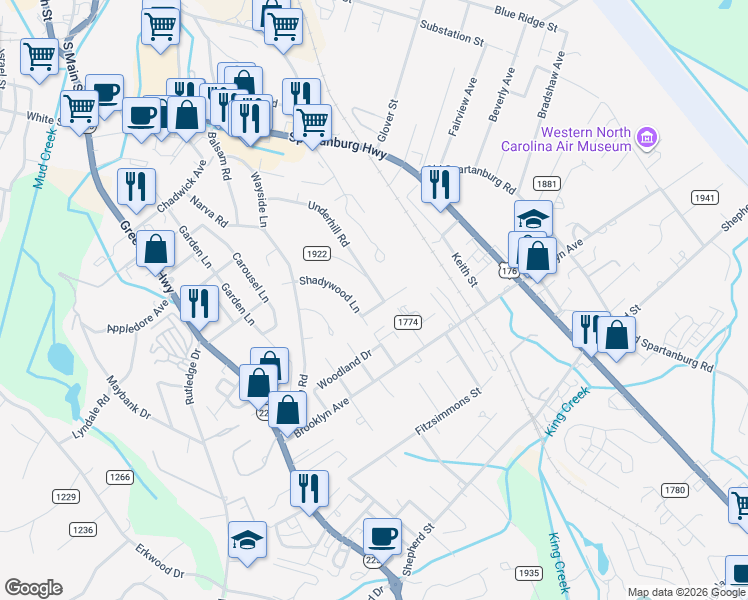 map of restaurants, bars, coffee shops, grocery stores, and more near 128 County Road 1921 in Hendersonville