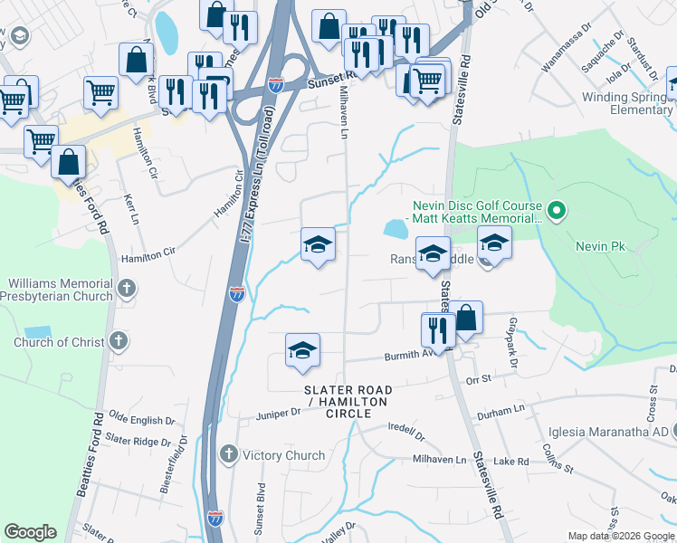 map of restaurants, bars, coffee shops, grocery stores, and more near 5833 Milhaven Lane in Charlotte