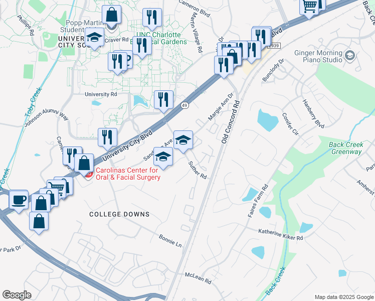 map of restaurants, bars, coffee shops, grocery stores, and more near 9613 Vinca Circle in Charlotte