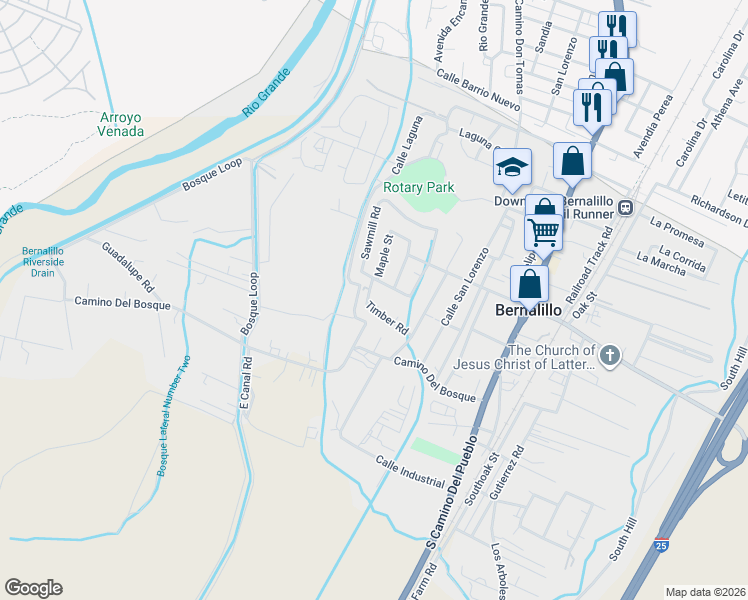 map of restaurants, bars, coffee shops, grocery stores, and more near 355 Los Pinos Road in Bernalillo
