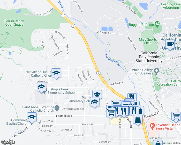 map of restaurants, bars, coffee shops, grocery stores, and more near 566 Westmont Avenue in San Luis Obispo