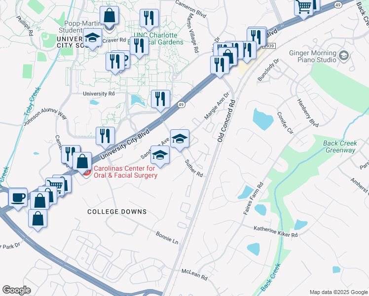map of restaurants, bars, coffee shops, grocery stores, and more near 9613 Vinca Circle in Charlotte