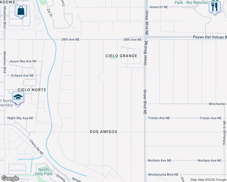 map of restaurants, bars, coffee shops, grocery stores, and more near 2611 Box Lake Drive Northeast in Rio Rancho