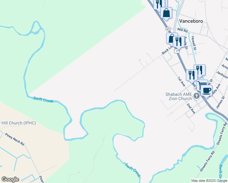map of restaurants, bars, coffee shops, grocery stores, and more near 699 Buck Lane in Vanceboro